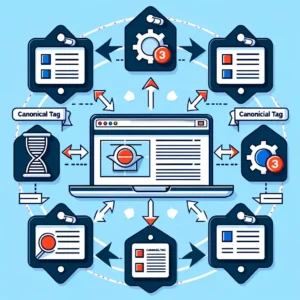 Generic SEO tool illustration featuring a magnifying glass over a webpage for analysis, with a performance graph, SEO checklist, and technical optimization gears, emphasizing the comprehensive approach to enhancing website search engine visibility.