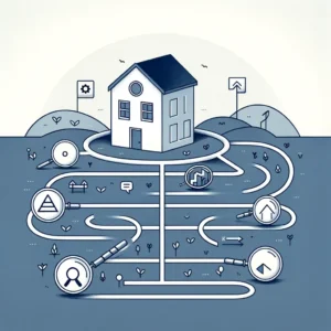 Minimalistic illustration focusing on SEO strategies for subdomains, depicted through multiple paths leading to a house with SEO symbols.