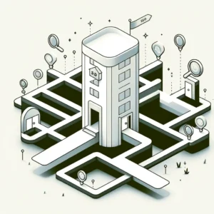 Minimalistic illustration focusing on SEO strategies for subfolders, depicted through multiple paths leading into a larger building to represent the integration within a main website.