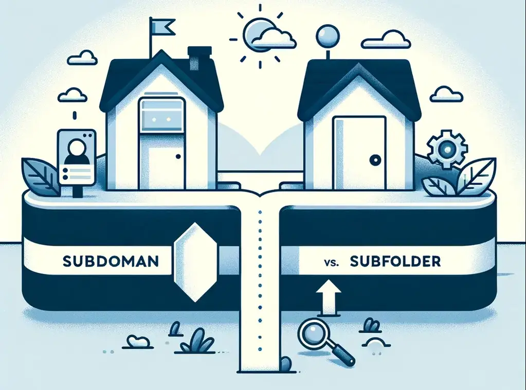 Minimalistic illustration of SEO strategies for subdomains and subfolders, showing paths to a house on an island for a subdomain and a door within a larger house for a subfolder, with SEO symbols like magnifying glasses and arrows.