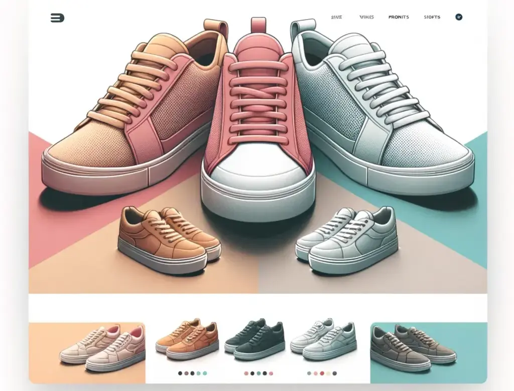 The minimalistic header image showcasing three different pairs of shoes in unique colors is ready. This design highlights the concept of product variants in a clean and straightforward layout to represent productgroup schema eligibility.