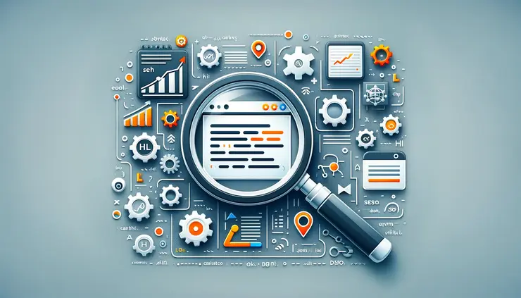 Header image showcasing a magnifying glass focusing on HTML code with a canonical tag, surrounded by SEO optimization symbols including search results, technical gear, and growth graph, against a digital-inspired background.