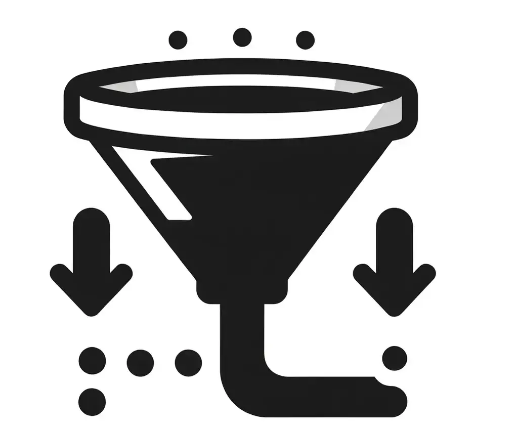 SEO filtering concept icon showing a funnel with arrows for narrowing down search results, in monochrome for clear visual representation.