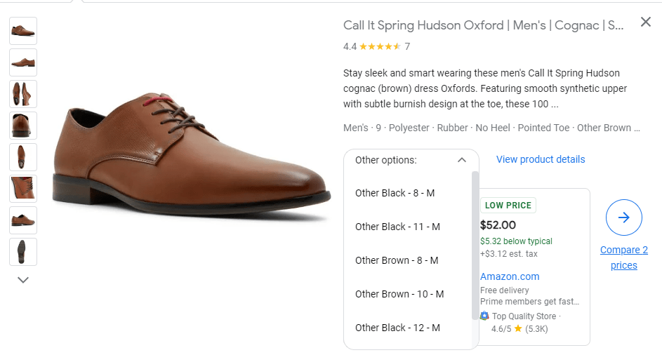 Rich result within google's product section highlighting productgroup schema for different shoe colors and sizes.