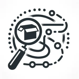 SEO tracking icon in monochrome featuring a magnifying glass over a dotted line leading to a product, representing user interaction tracking.
