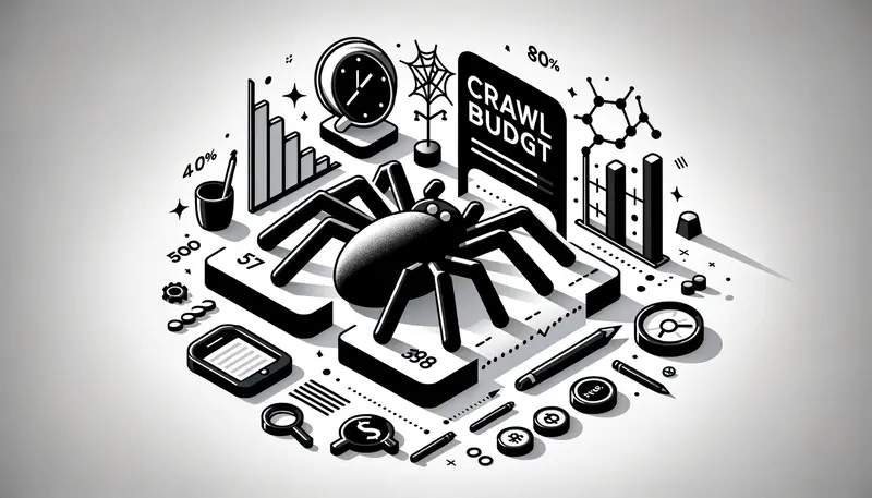 Minimalist monochrome header image representing SEO crawl budget concept with symbols like web, spider, and clock.