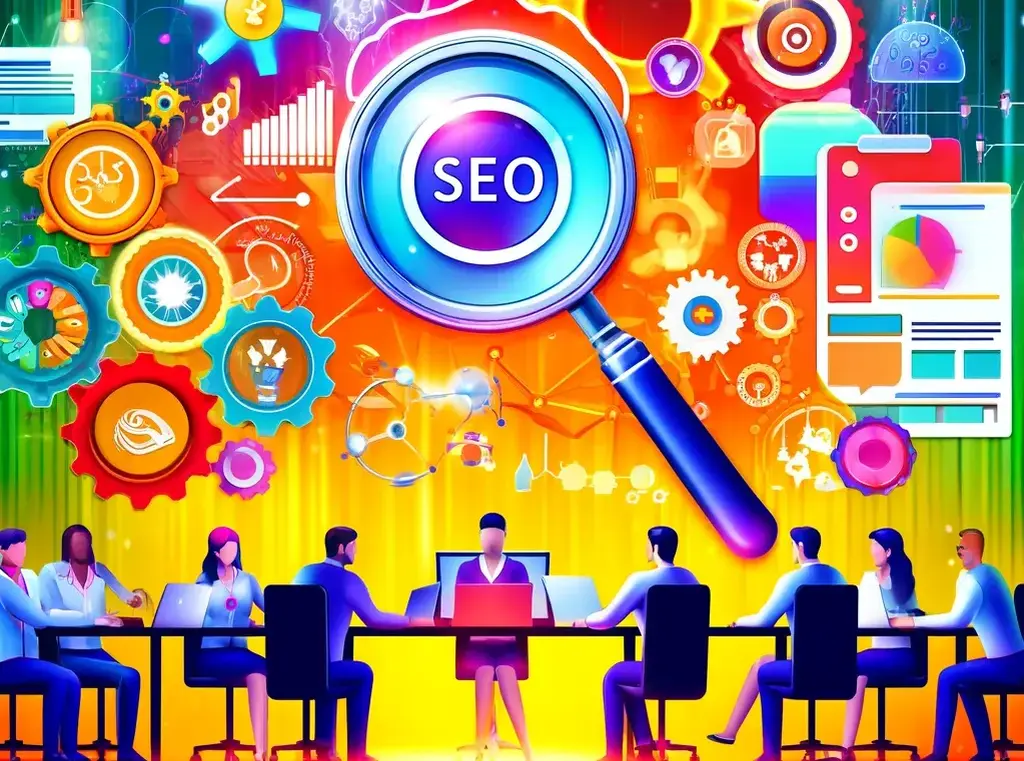 SEO marketing automation tools with cogs and magnifying glass.